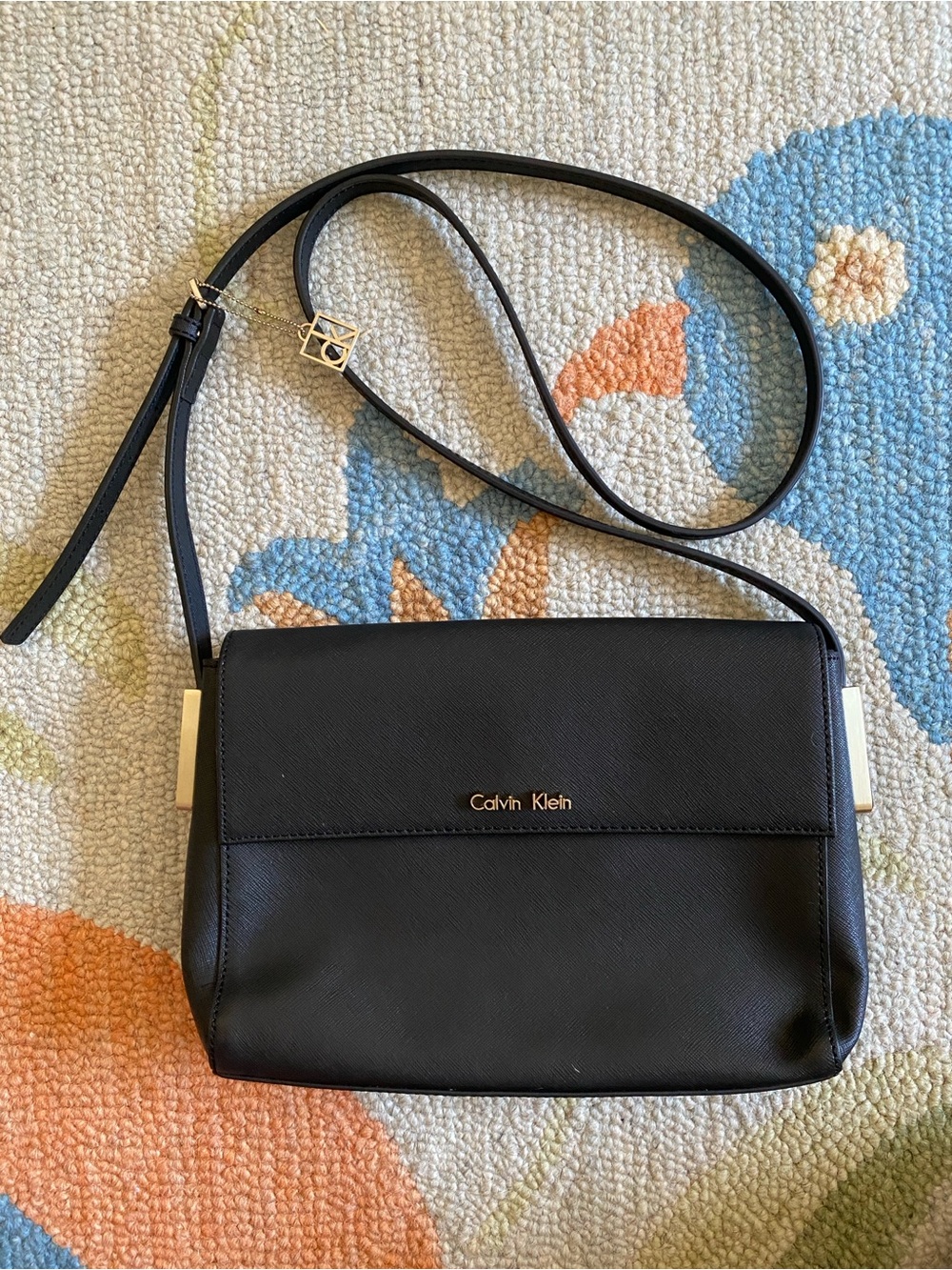 Calvin Klein Logo Saffiano Leather Snap Flap Adjustable Crossbody Gold Hardware
